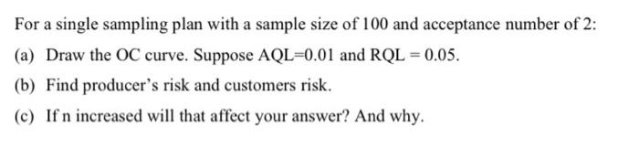 Solved For a single sampling plan with a sample size of 100 | Chegg.com