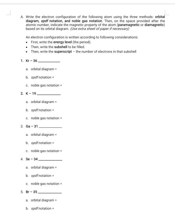 Solved A. Write the electron configuration of the following | Chegg.com