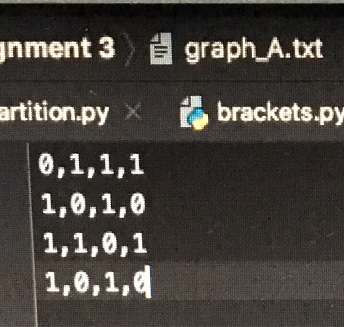 gnment 3 & graph_A.txt brackets.py artition.py 0,1,1,1 1,0,1,0 1,1,0,1 1,0,1,0