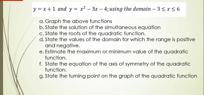 Solved Y X 1 And Y X2 3x 4 Using The Domain Chegg Com