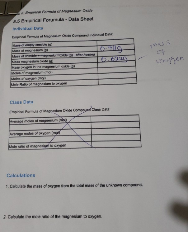 how to calculate the mass of oxygen in a compound