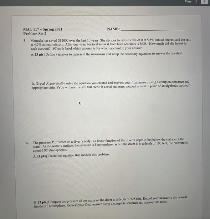 Solved Page NAME: MAT 117 - Spring 2021 Problem Set 2 | Chegg.com