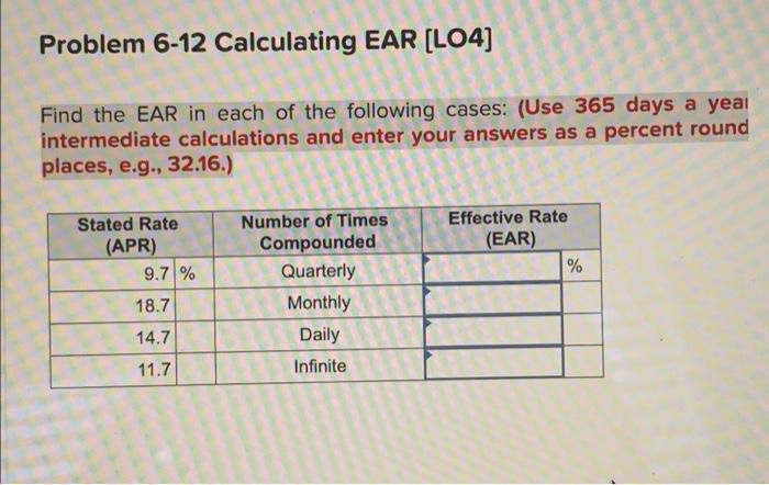 Solved Problem 6-12 Calculating EAR (L04] Find The EAR In | Chegg.com