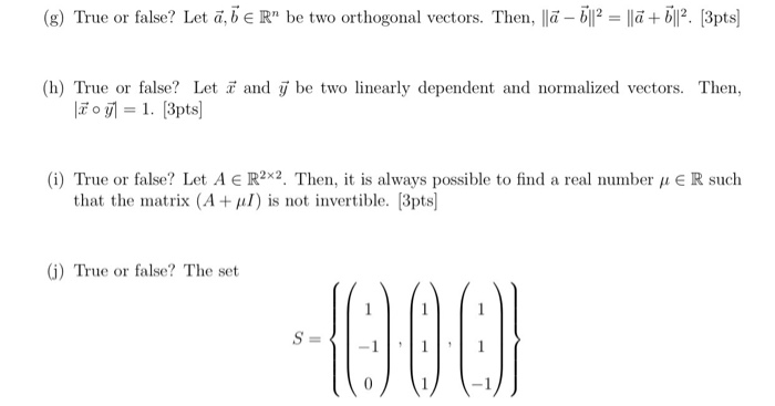 Solved G True Or False Let A 6 E Rbe Two Orthogonal V Chegg Com