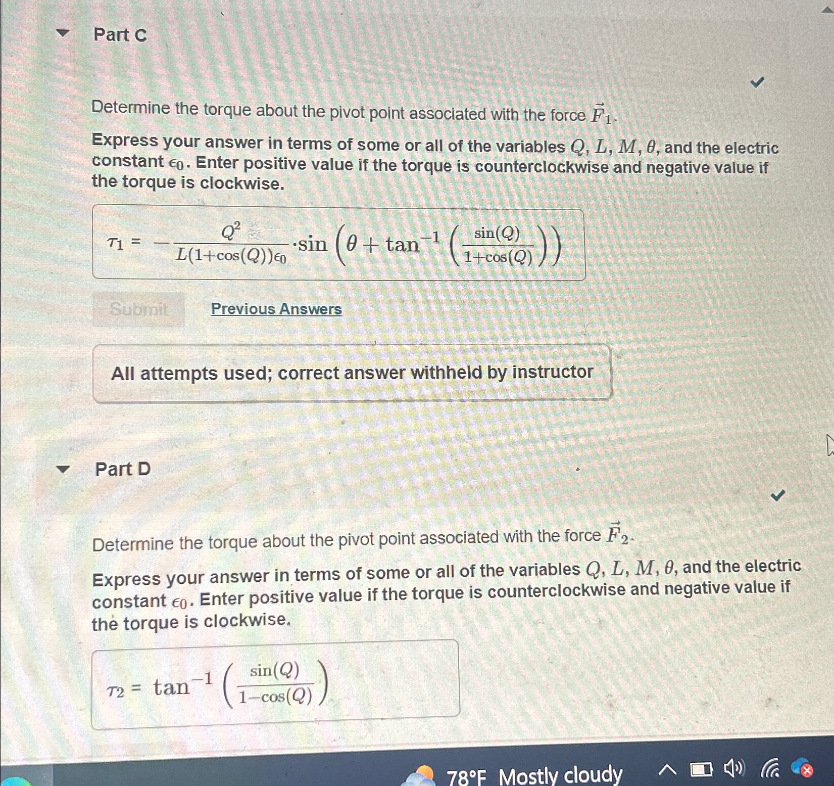 Part CDetermine the torque about the pivot point | Chegg.com