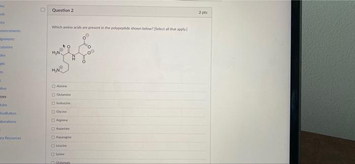 Solved Question 2 2 pts Which amino acids are present in the | Chegg.com
