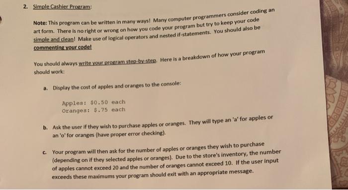 Solved 2. Simple Cashier Program Note: This program can be | Chegg.com