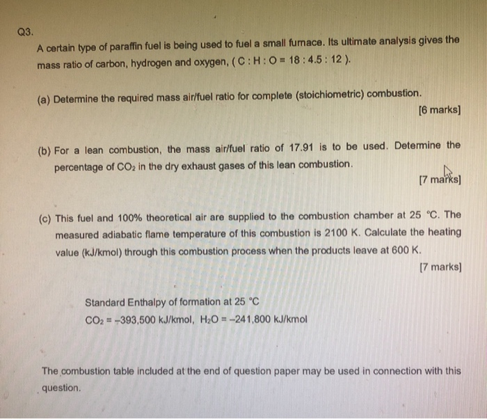 Solved Q3. A certain type of paraffin fuel is being used to | Chegg.com