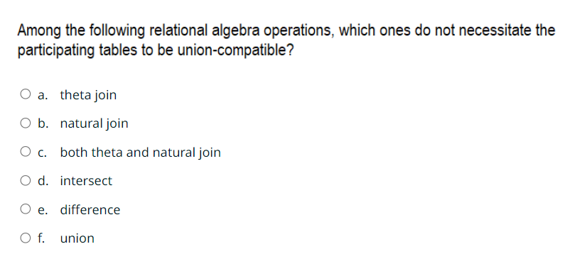 Solved Among The Following Relational Algebra Operations, | Chegg.com