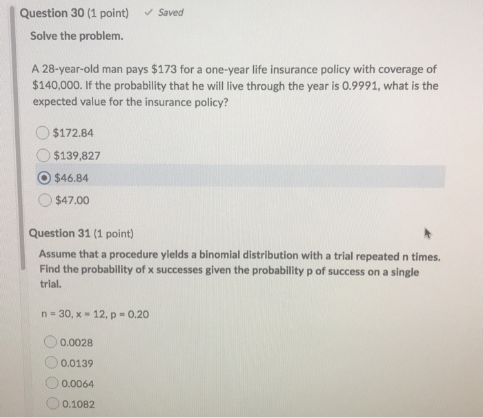 Solved Saved Question 30 (1 point) Solve the problem. A | Chegg.com