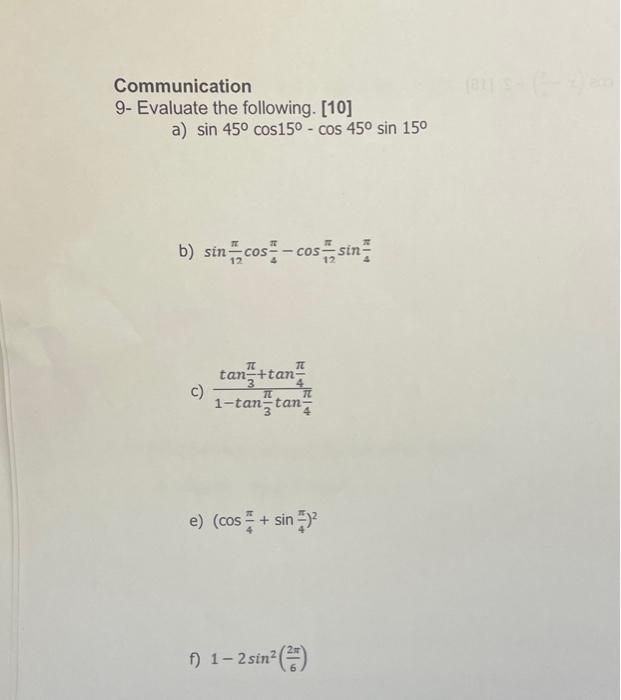 \( \sin \frac{\pi}{12} \cos \frac{\pi}{4}-\cos \frac{\pi}{12} \sin \frac{\pi}{4} \) \( \frac{\tan \frac{\pi}{3}+\tan \frac{\p