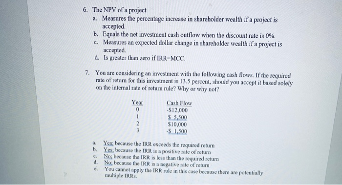 Solved 6. The NPV of a project a. Measures the percentage | Chegg.com