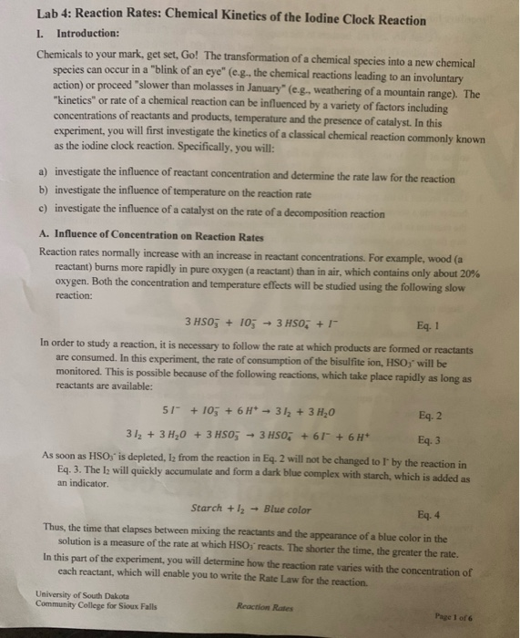 Lab 4 Reaction Rates Lab 4: Reaction Rates: Chemical Kineties of the | Chegg.com