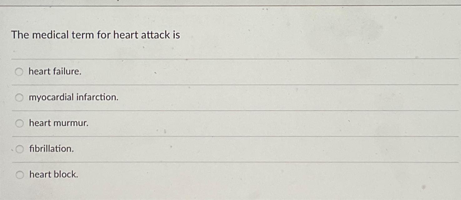 Solved The medical term for heart attack isheart