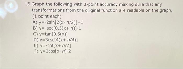 16. Graph the following with 3-point accuracy making sure that any transformations from the original function are readable on