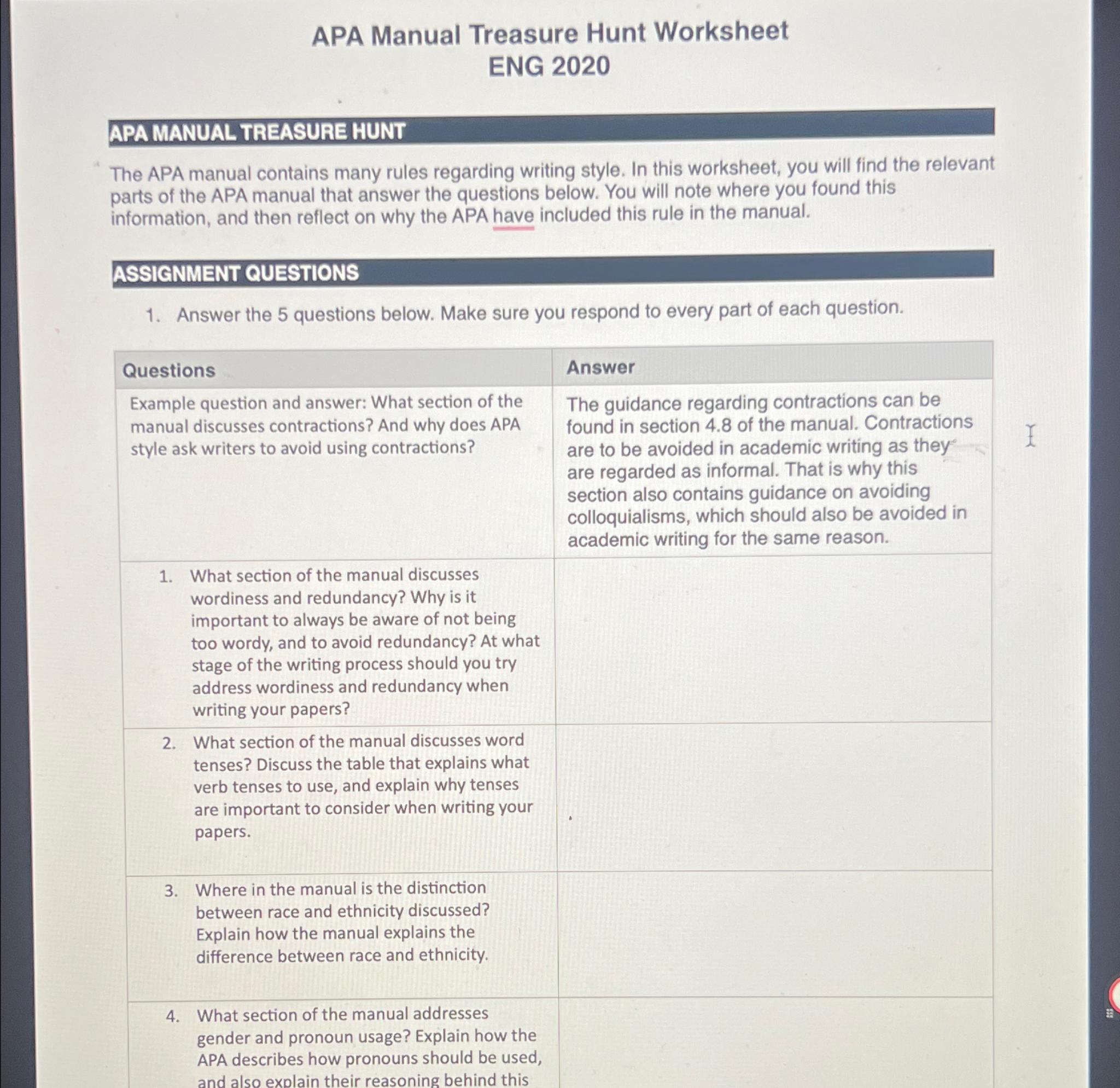 Solved Apa Manual Treasure Hunt Worksheet Eng 2020apa Manual 