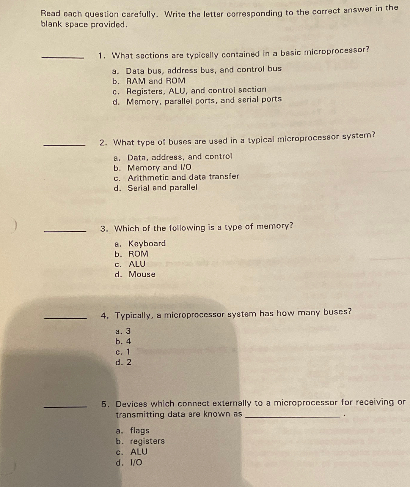 Solved Read Each Question Carefully. Write The Letter | Chegg.com