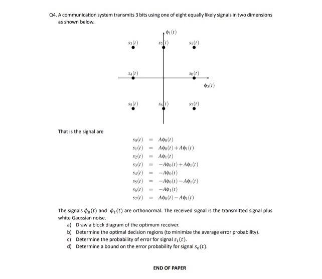 Q4. A communication system transmits 3 bits using one | Chegg.com