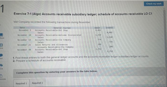 Solved Exercise 7-1 (Algo) Accounts Receivable Subsidiary | Chegg.com