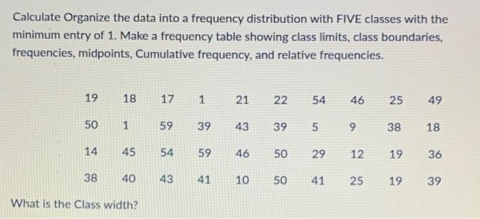 Solved Calculate Organize the data into a frequency | Chegg.com
