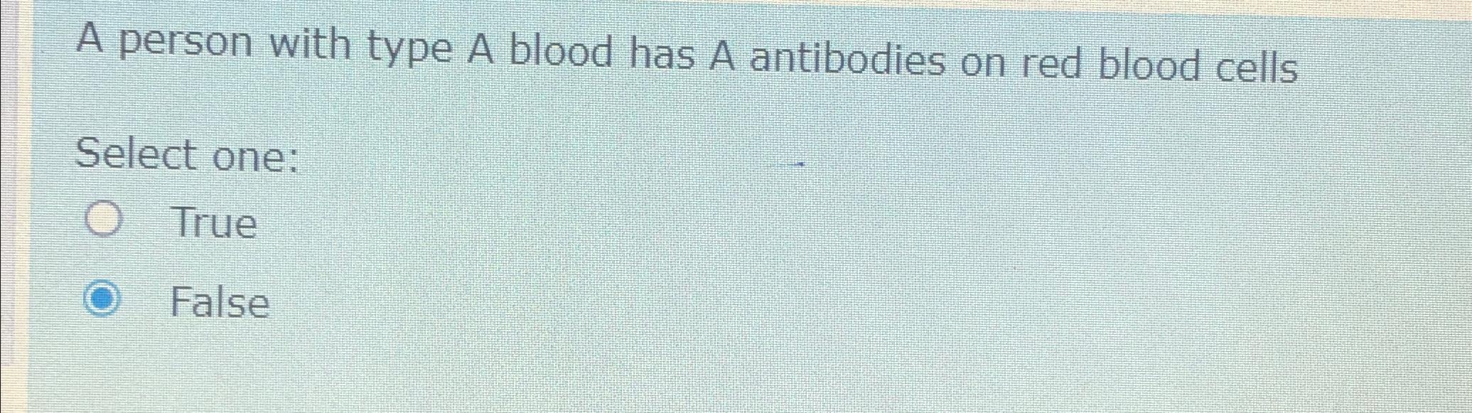 Solved A person with type A blood has A antibodies on red | Chegg.com