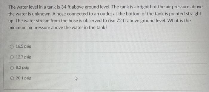 Solved The water level in a tank is 34 ft above ground | Chegg.com