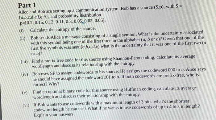 Solved Part 1 Alice and Bob are setting up a communication | Chegg.com