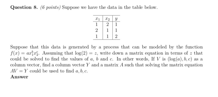 Solved Question 8. (6 points) Suppose we have the data in | Chegg.com