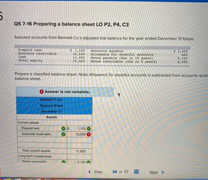 Solved 5 QS 7-16 Preparing A Balance Sheet LO P2, P4, C3 | Chegg.com