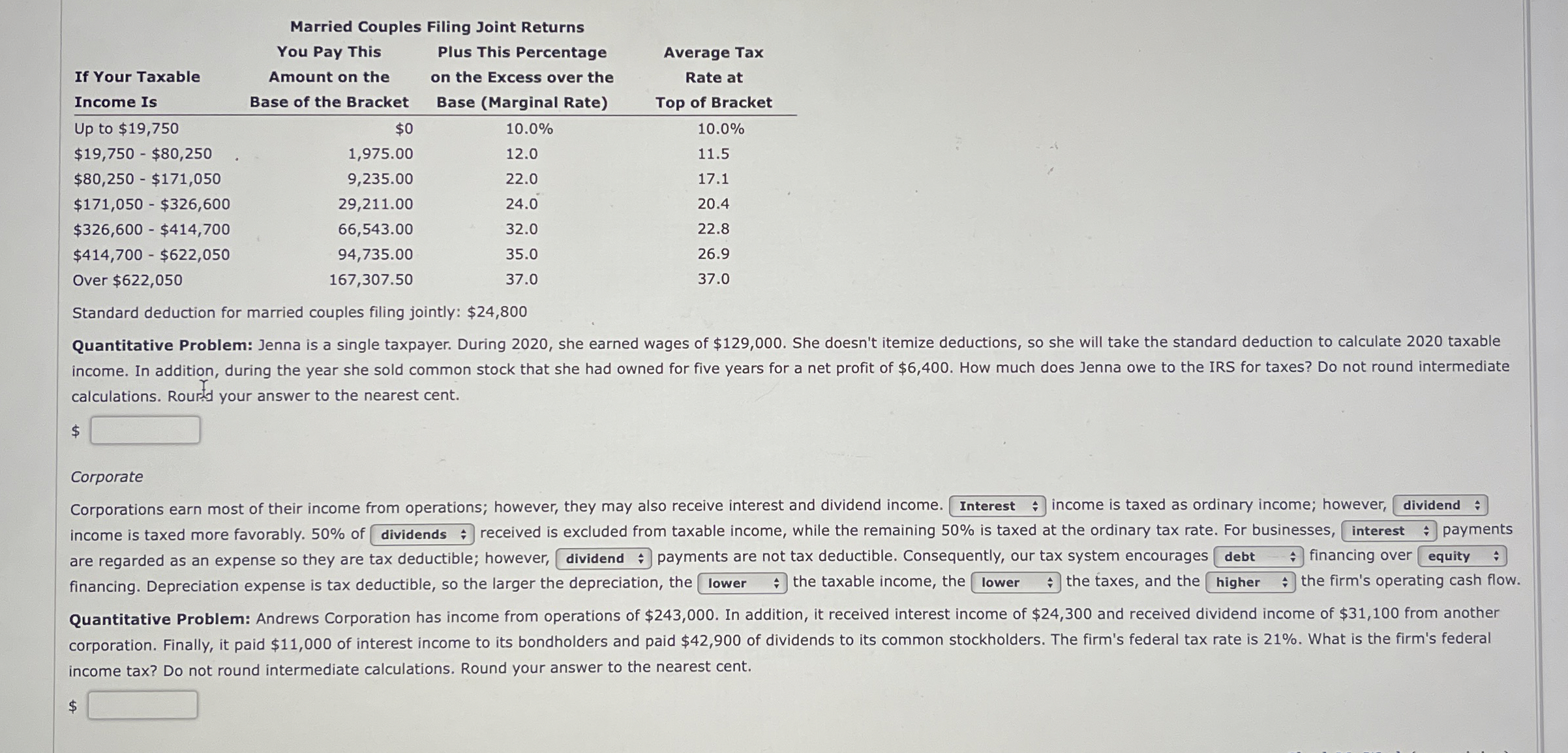 [Solved] Married Couples Filing Joint Returns table[[ tabl