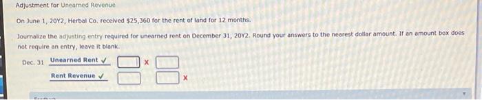 Solved Adjustment for Unearned Revenue On June 1, 20Y2, | Chegg.com