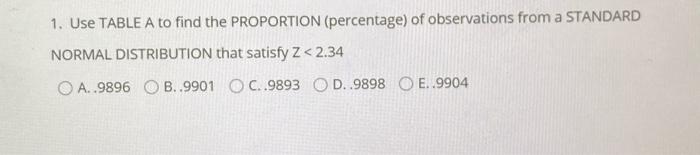 Solved 1. Use TABLE A to find the PROPORTION (percentage) of | Chegg.com