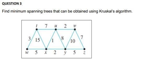 Find minimum spanning trees that can be obtained using Kruskals algorithm.