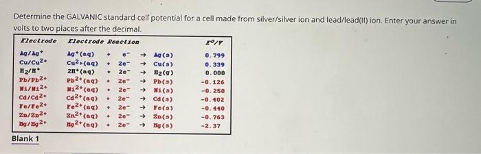 Solved Determine the GALVANIC standard cell potential for a | Chegg.com