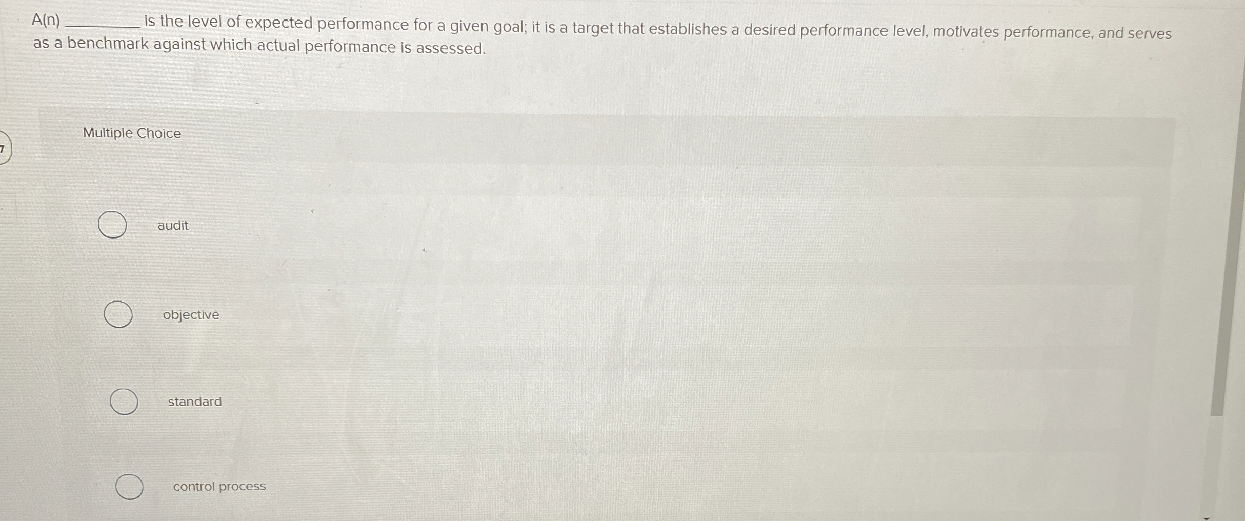 Solved A(n) q, ﻿is the level of expected performance for a | Chegg.com