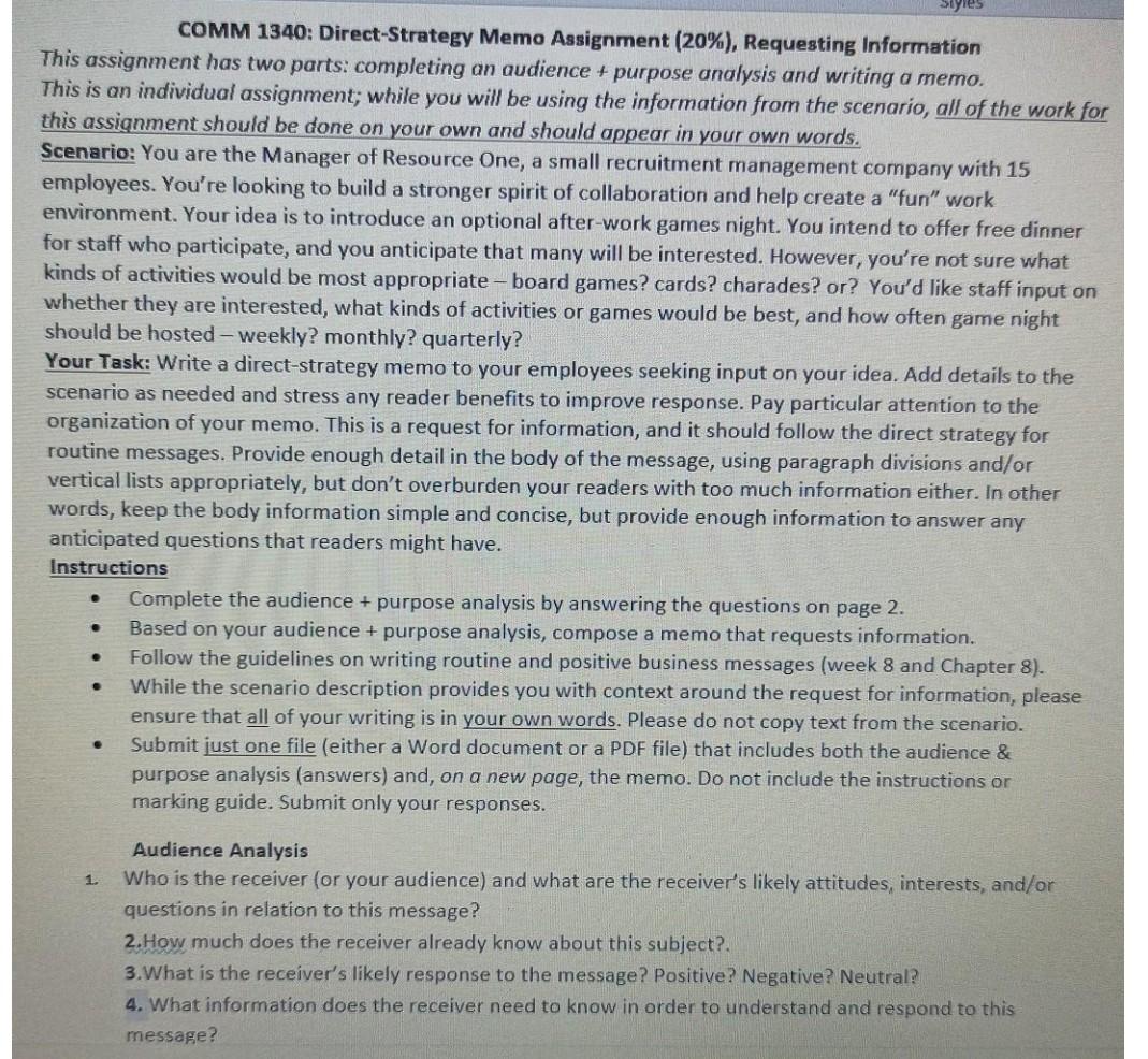 Solved COMM 1340: Direct-Strategy Memo Assignment (20%), | Chegg.com
