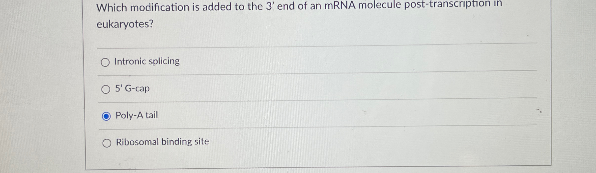Solved Which modification is added to the 3' ﻿end of an mRNA | Chegg.com