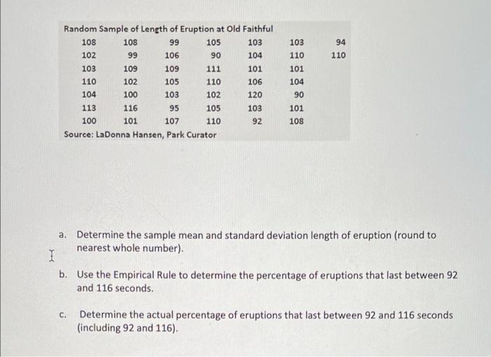 Solved 103 110 94 110 Random Sample Of Length Of Eruption At Chegg Com