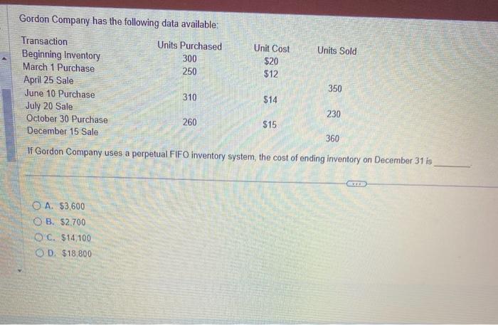 Solved Gordon Company has the following data available: If | Chegg.com