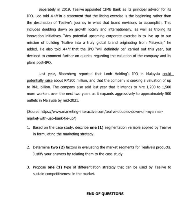 Solved Case Study Tealive Doubles Down On Myanmar Market Chegg Com