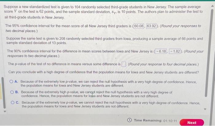 Solved Suppose a new standardized test is given to 104 | Chegg.com