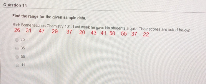 Solved Question 14 Find the range for the given sample data. | Chegg.com