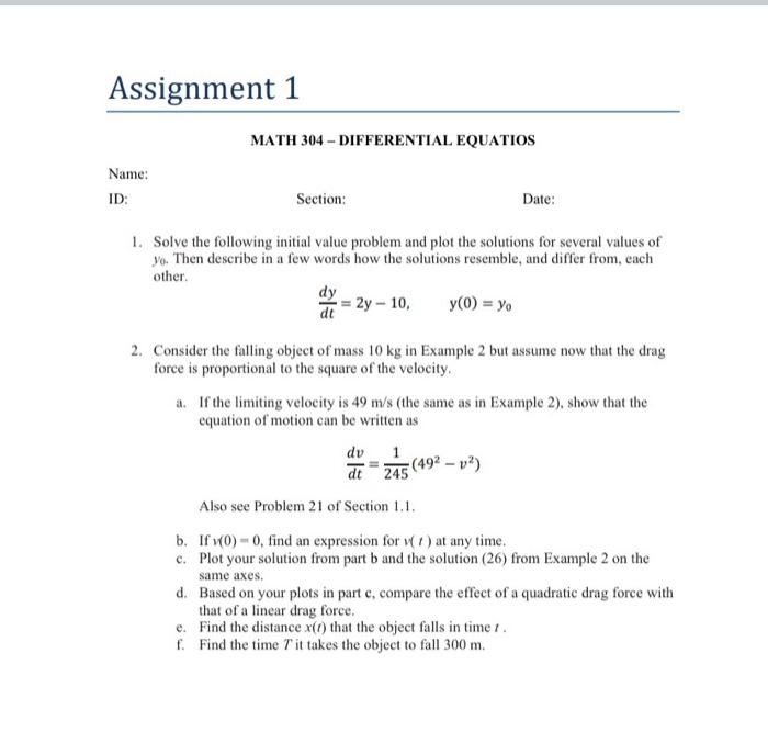 Solved Assignment 1 MATH 304 - DIFFERENTIAL EQUATIOS Name: | Chegg.com