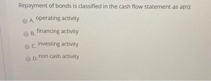 Solved Repayment of bonds is classified in the cash flow | Chegg.com