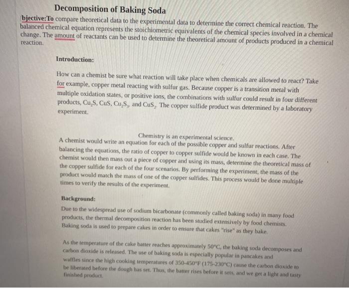 Solved Decomposition of Baking Soda bjective: To compare | Chegg.com