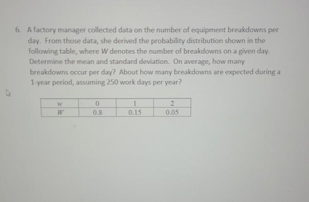 Solved 6. A factory manager collected data on the number of | Chegg.com
