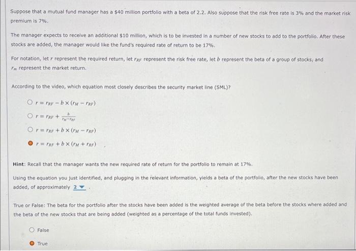 Solved Suppose that a mutual fund manager has a $40 million | Chegg.com