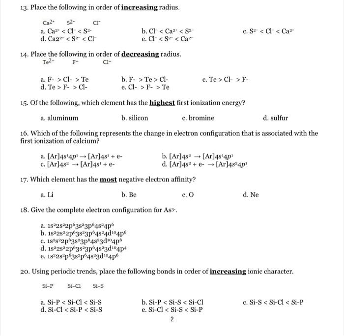 Solved 13. Place the following in order of increasing | Chegg.com