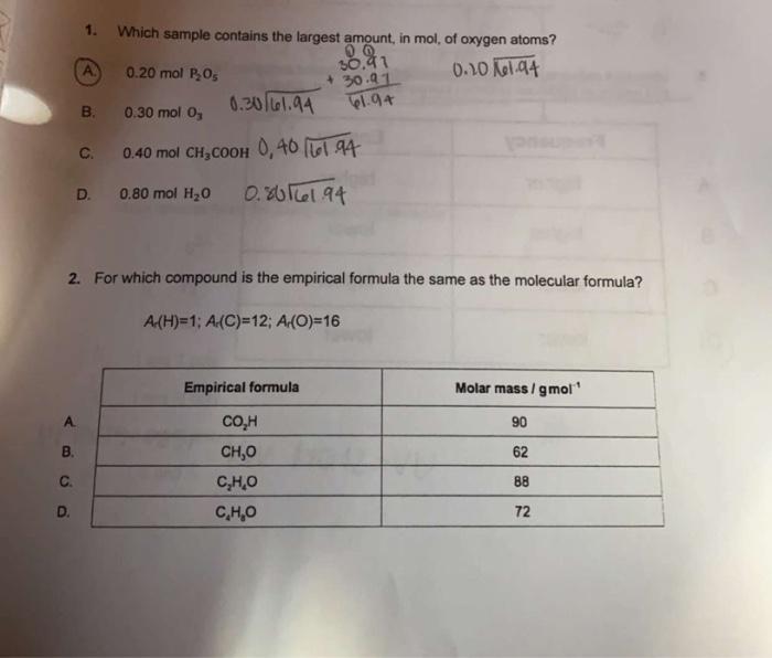which sample contains the largest amount in mol of oxygen atoms