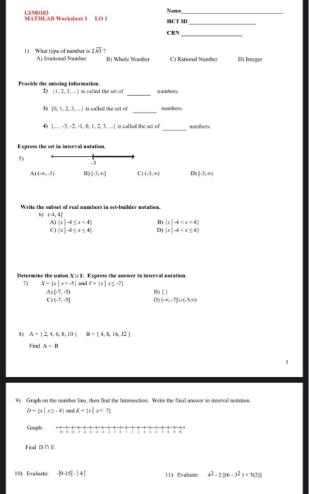 Solved Name LSM0103 MATHLAB Worksheet! LOI HCT ID CRN 1) | Chegg.com